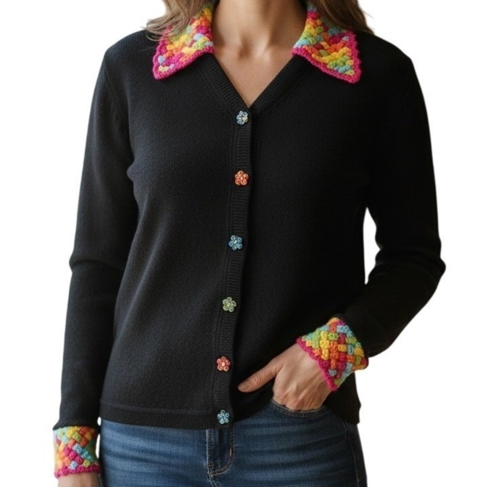 CACHE VINTAGE Black Rainbow Crochet Collar Cuffs Jeweled Buttons Sweater Small‎